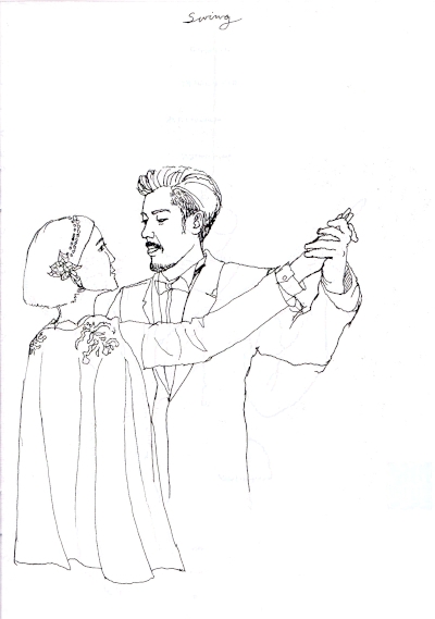 man in a suit and woman with a cape are dancing